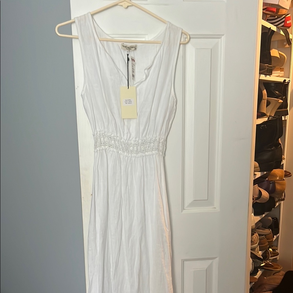 NWT Women's White Sleeveless Waist-Smocked Maxi Dress Swim Coverup